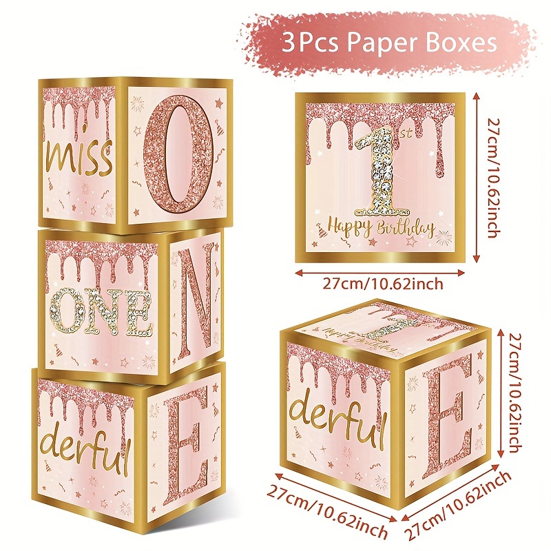 3pcs, 1st Birthday Boxes, Pink Rose Golden 1st Birthday Paper Boxes Decoration, 1 Year Old Birthday Theme Cardboard Box, Blocks For Photography Props Table Centerpiece