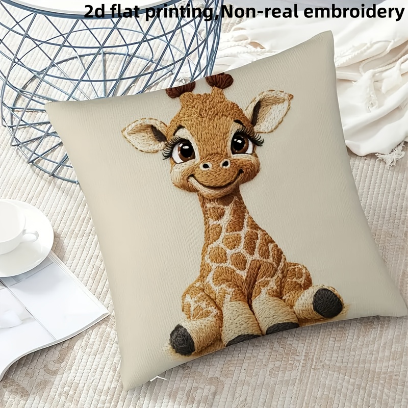 TEMU 1pc, 2d Flat Printing Cute Cartoon Giraffe Pillow Cover 45.72x45.72cm – Non-real Embroidery Soft Plush Decorative Cushion, Suitable For Home,