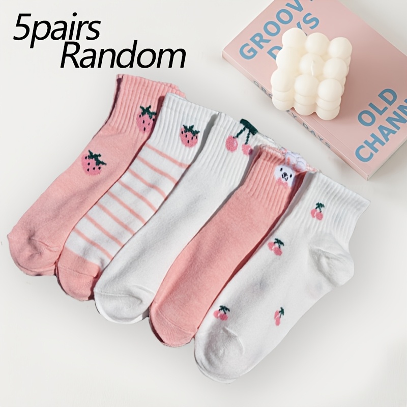 TEMU 5 Pairs Random Women's Short Socks - Cute Pink Cherry Strawberry Rabbit Pattern, Soft Comfortable Breathable Style