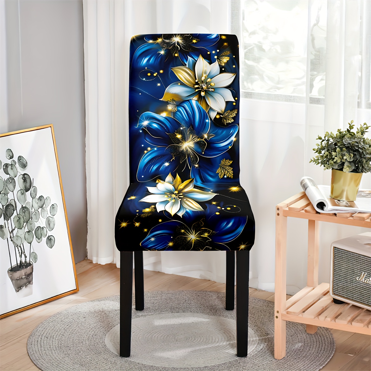 

4/6pcs Blue & Gold Floral Chair Seat Covers, Stretchy Fabric, Machine Washable, Home Decor, Party Decor, Restaurant Decor