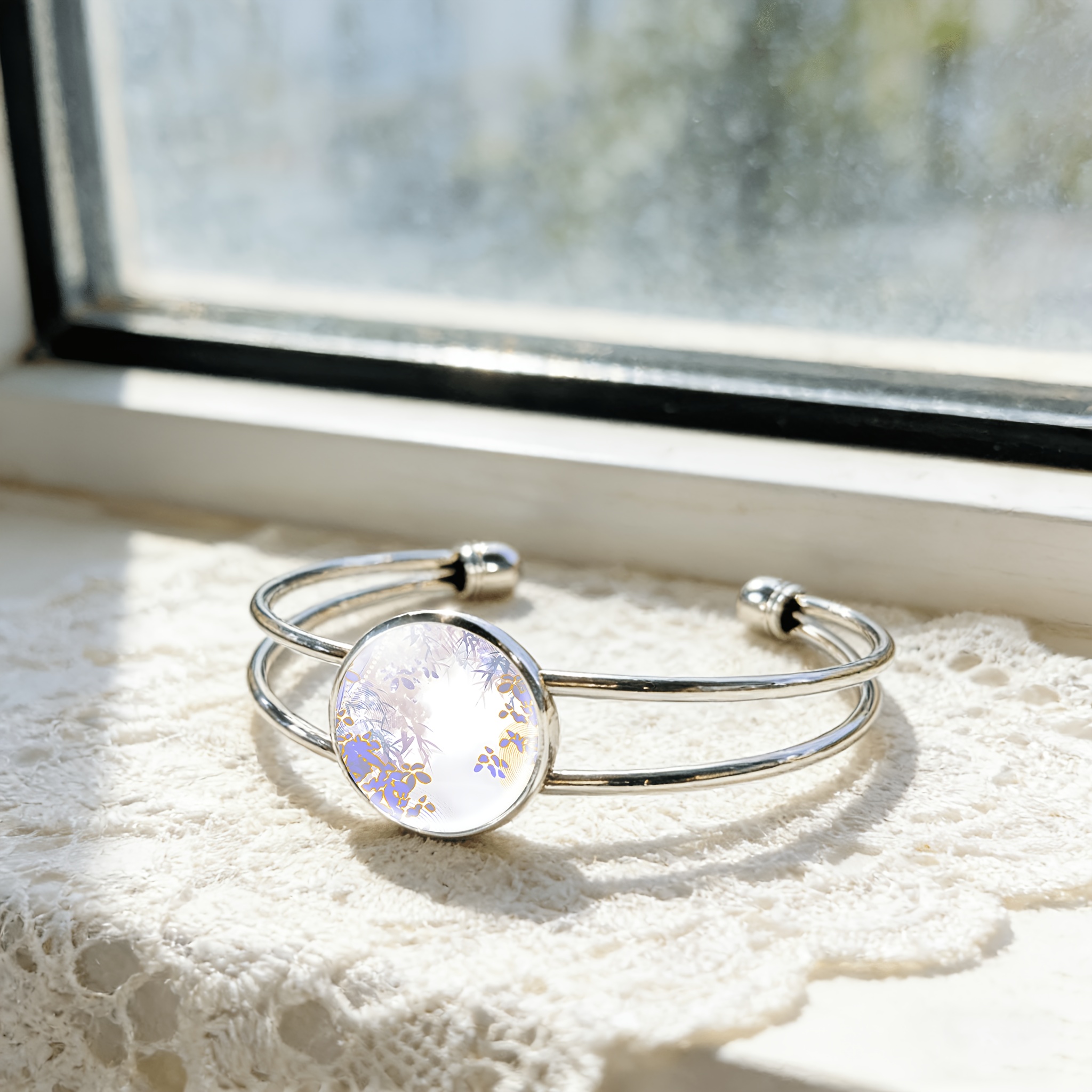 Women's Adjustable Open Bangle with Round Time Gemstone Inlay and Bamboo Leaves