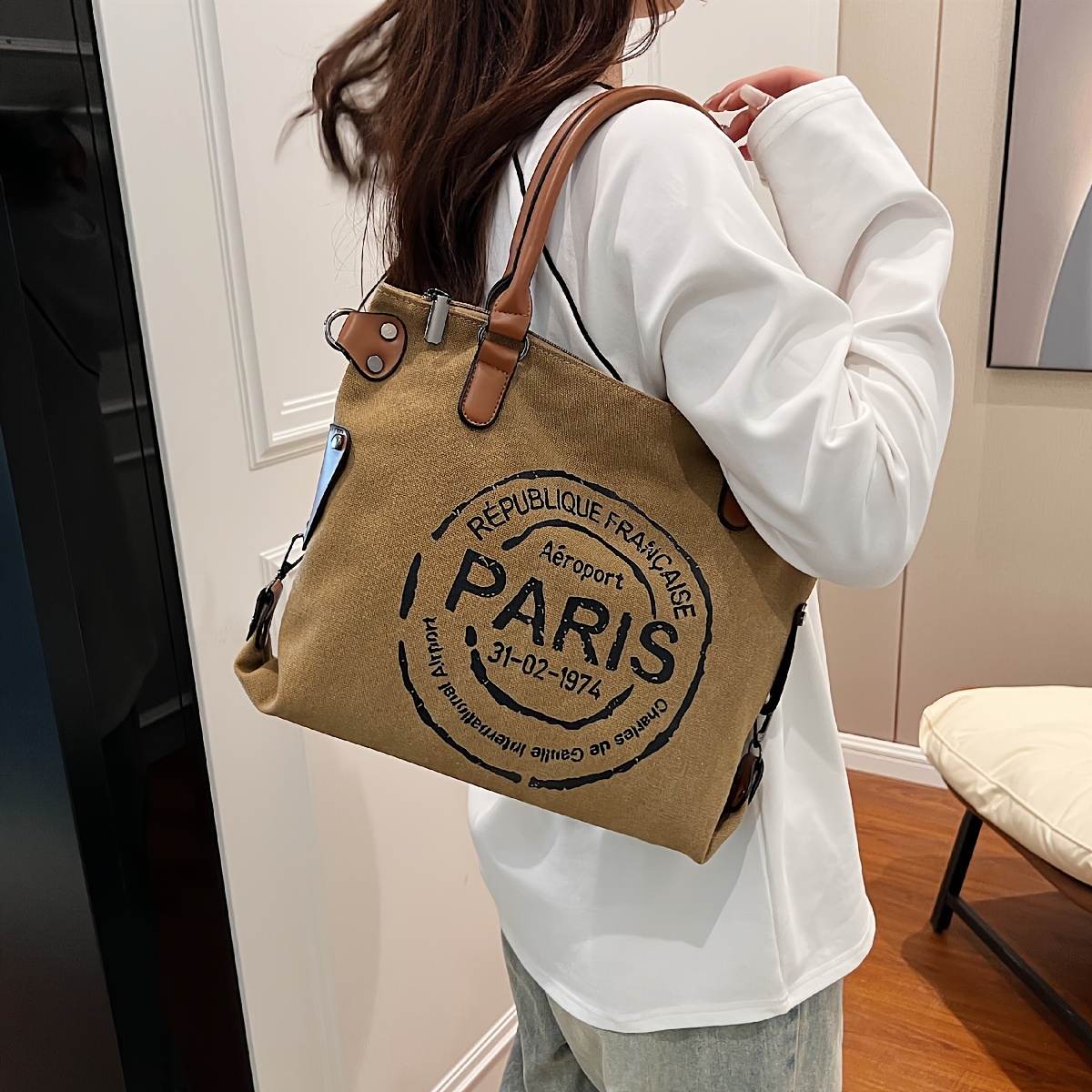 vintage style fabric material tote bag shoulder bag zipper Temu