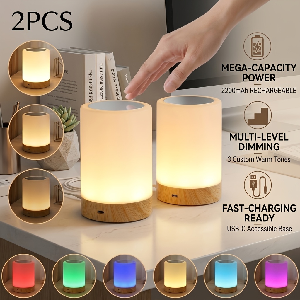 TEMU 2pcs Wood Grain Modern Led Desk Lamp, Usb Rechargeable Touch Control, 3-level Adjustable Warm Light Brightness, Color Changing Light, 2200mah,
