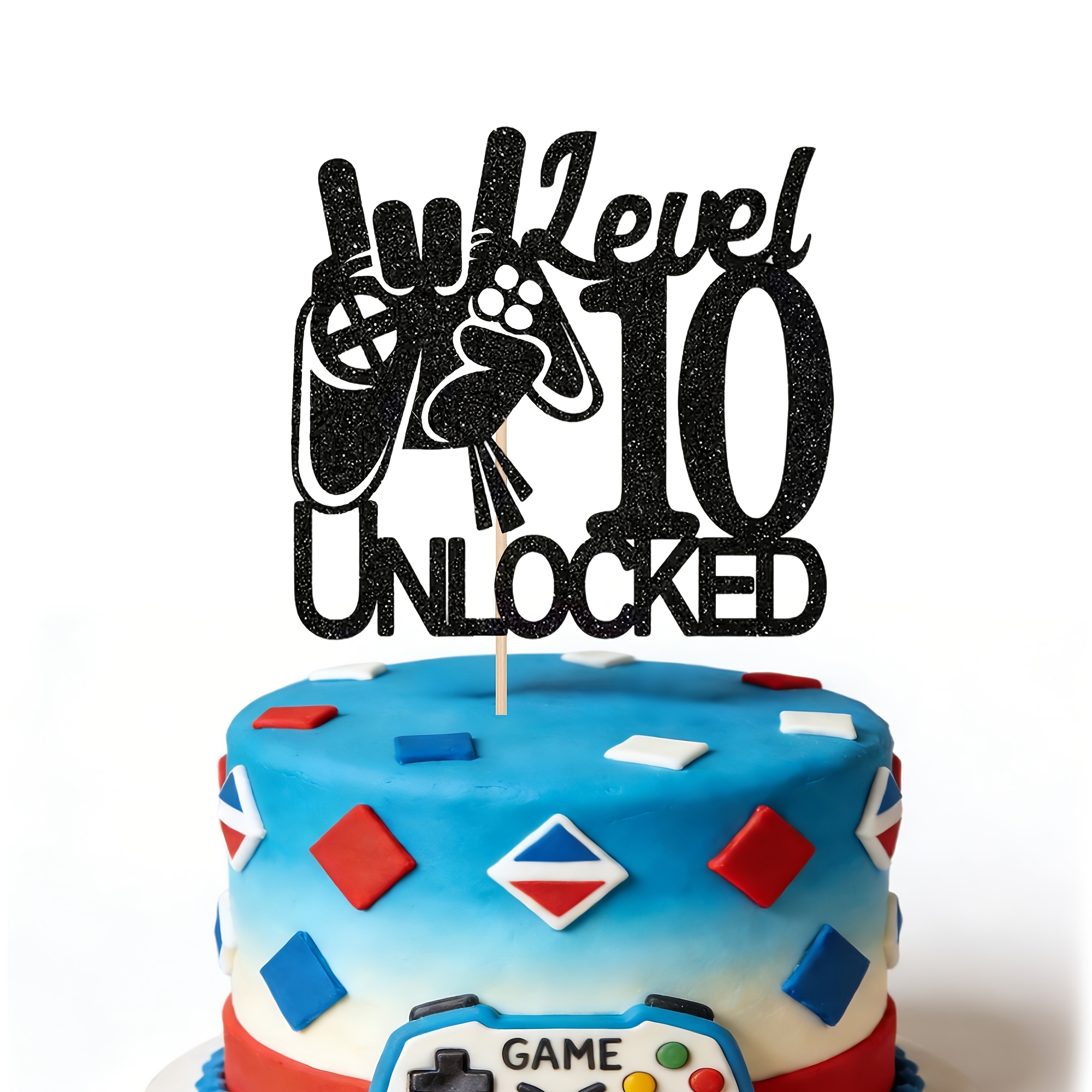 1pc Black Glitter Video 10 Unlocked Cake Topper | Gamer Theme 10th Birthday Cake Decorations, Level Up Winner Party Supplies For Gaming Birthday Celebration