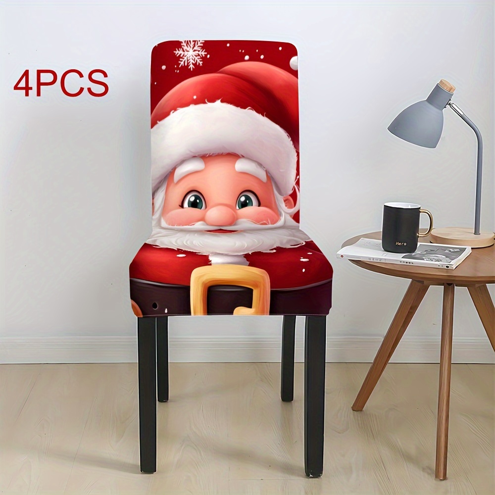 TEMU Santa Claus Print Stretch Chair Slipcovers - Band Closure, Machine Washable Polyester Chair Covers For Living Room And Kitchen, Holiday Dining Chair Protectors (2/4/6 Pack)