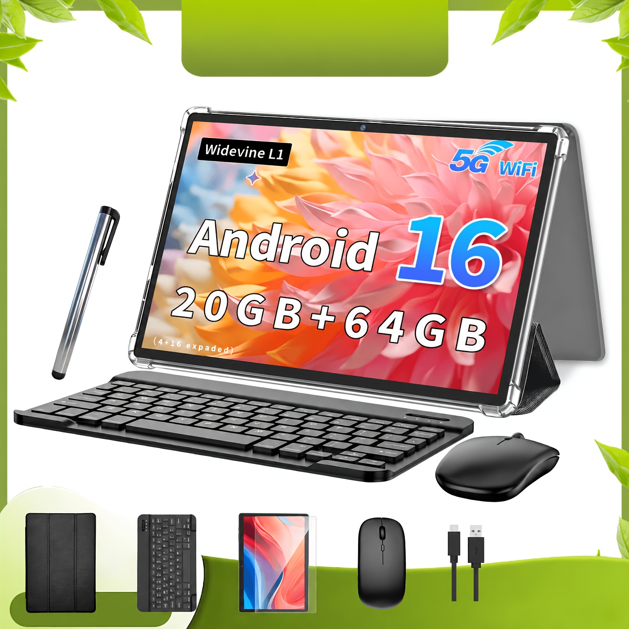 imagen del artículo       para tableta   de 10.1 pulgadas con pantalla ips, 16 piezas,     de 20 gb* (4 gb + 16 gb virtual),   de almacenamiento de 64 gb, carga tipo-c de 6000 mah, cámaras duales hd, oferta múltiple: tableta*1 +  *1 o tableta*1 + kit de teclado*1 -