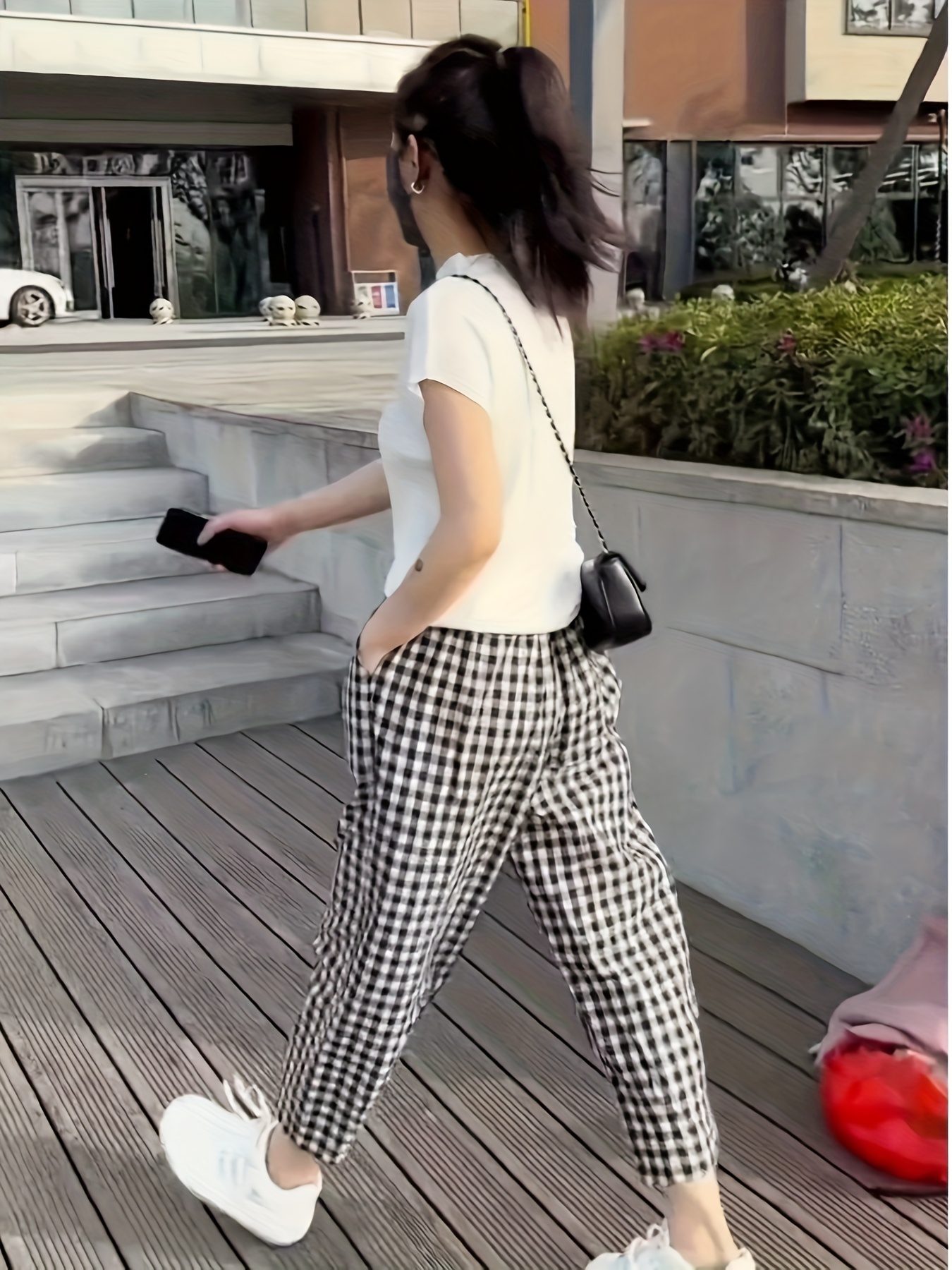 women's summer casual black white gingham check harem pants Temu