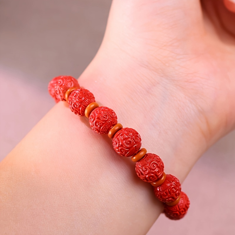 Cinnabar Stone Beaded Bracelet Women 9 10mm Stretch Twisted Pat