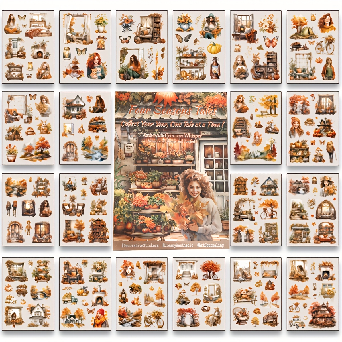 TEMU 20 Sheets Seasonal Landscape Pet Sticker Set, Spring Summer Fall Winter 4 Season Theme Self-adhesive Kiss-cut Stickers, Aesthetic Ephemera