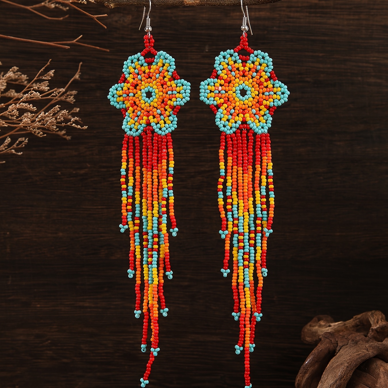 TEMU Un di orecchini con nappe per donna in stile boh矇mien glam, con motivo multicolore e blu, realizzati a con perline di vetro, per l'uso e come