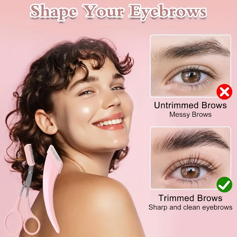 Tijeras de cejas con peine incorporado de acero inoxidable - Herramienta de belleza de precisión con mangos rosas, diseñada para uso tanto con la mano izquierda como con la derecha, adecuada para el cuidado profesional y doméstico, con una construcción de metal duradera para la modelado de las cejas