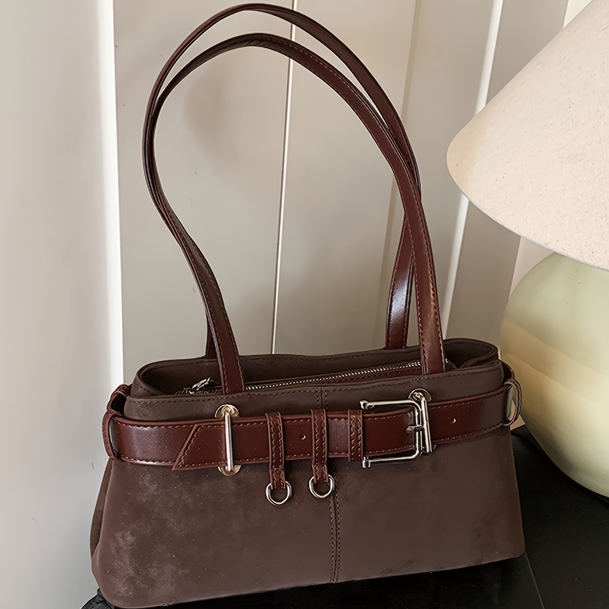 TEMU Sac à Bandoulière Vintage Premium avec Ceinture, Sac à Main , Tote de Voyage et Shopping Effet Daim, Organisateur de Cosmétiques et Portefeuille