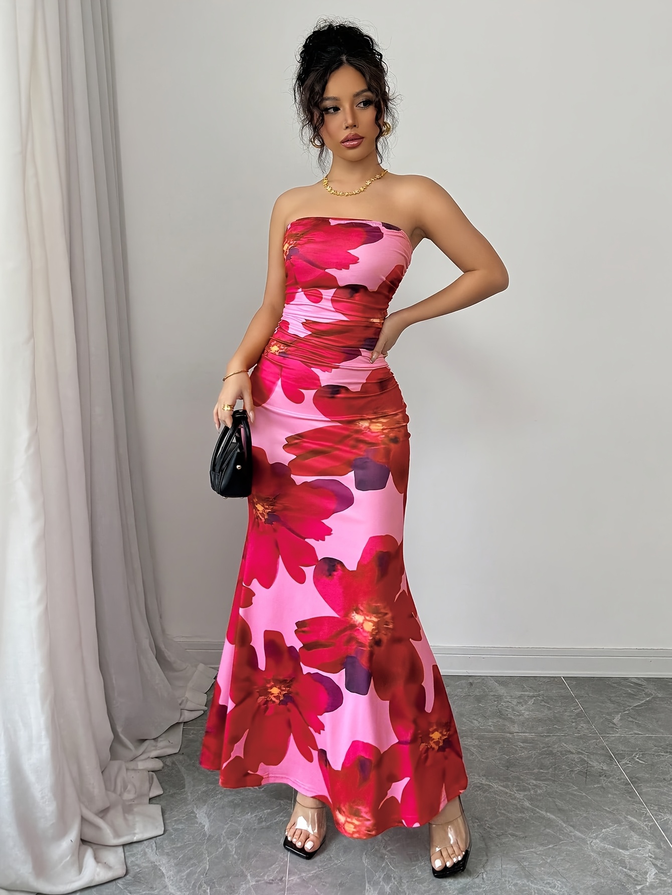 chinese dress ladies Mermaid Floral Print Long Prom Dresses Chiffon Ruffled Evening Formal –  Hebebridal main image 1