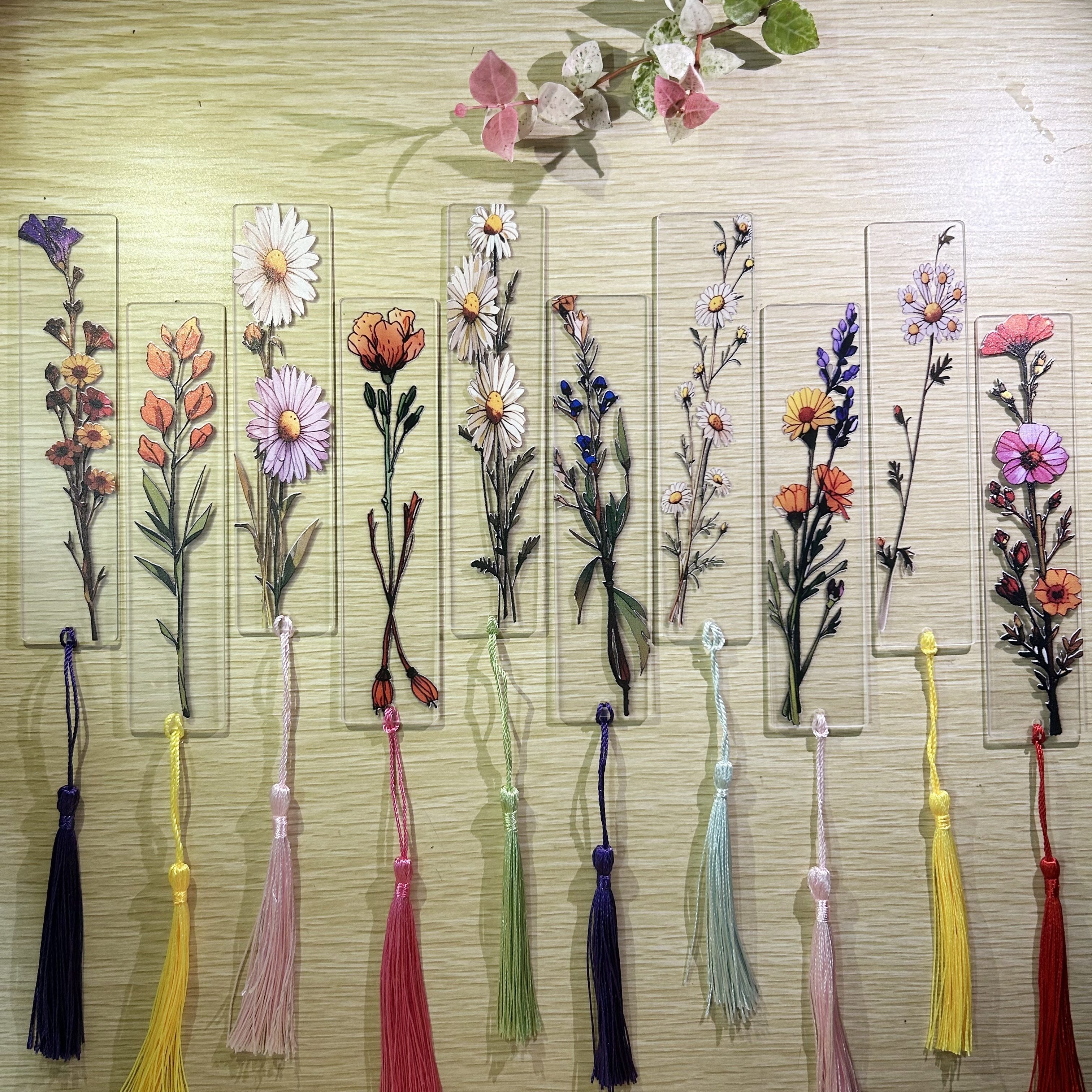 

10-pack Floral Acrylic Bookmarks With Tassels, Transparent Flower Page Markers, Assorted Colors, Study Supplies, Office Stationery, Gift For Readers And Students