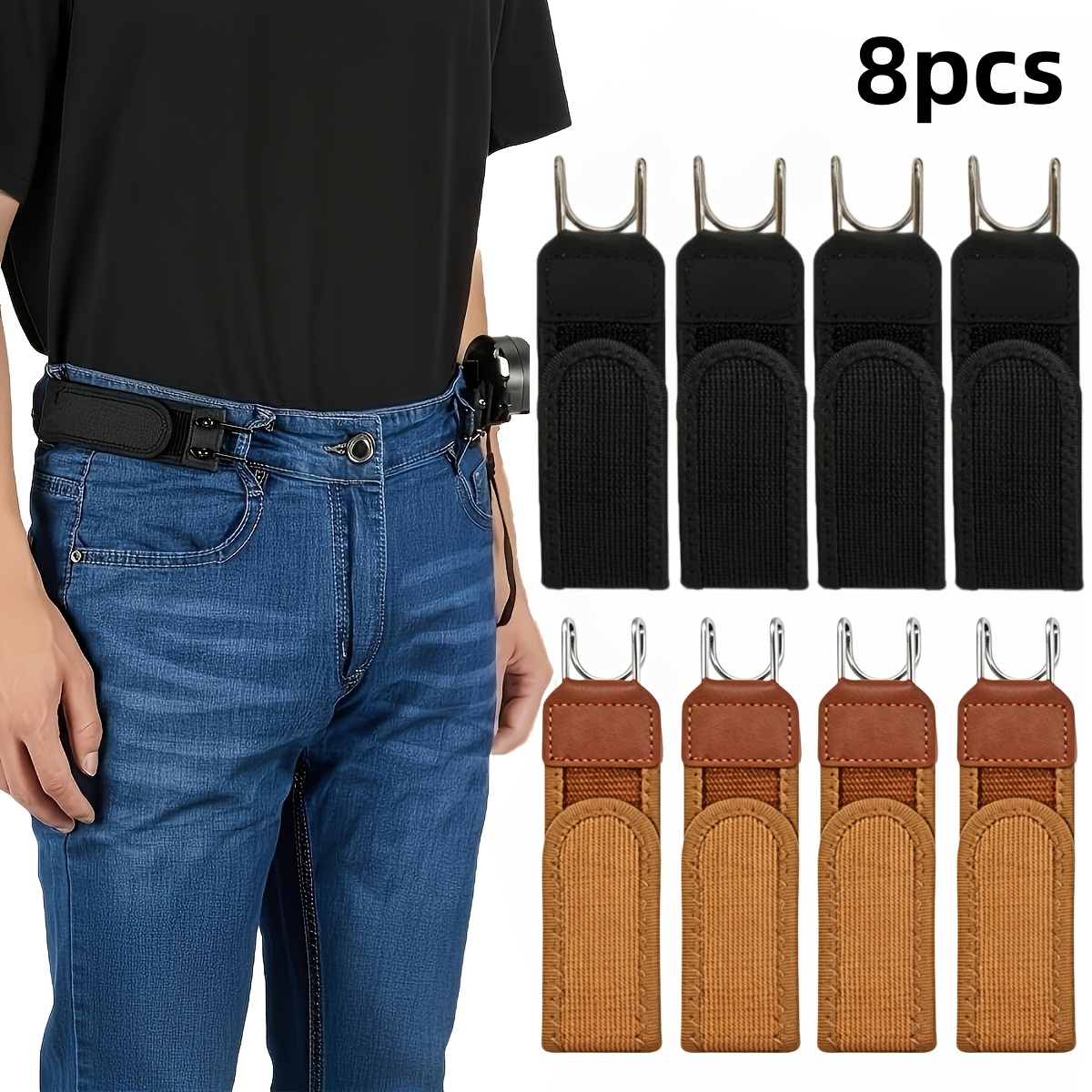 TEMU 8pcs Invisible Buckle-free Elastic Polyester Belts, Tactical Metal Hook Belts, Adjustable And Comfortable , No Buckle, Suitable For Daily