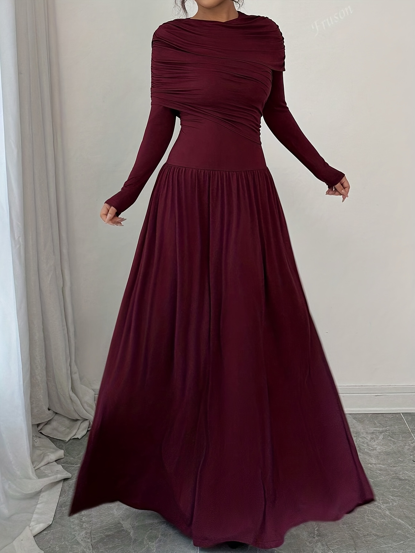 overall dress burgundy Strapless Wine Red Pleated Long Dress with Slit – PollyBoutique