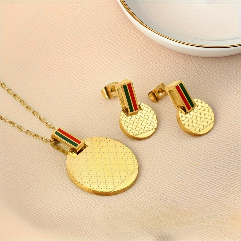 Image of 3pcs Stainless Steel Necklace And Stud Earrings Set, 18k Gold Plated Hypoallergenic Necklace, Light Luxury Elegant Jewelry For Banquets, Ceremonies, Parties, Vacations, And Date Gifts