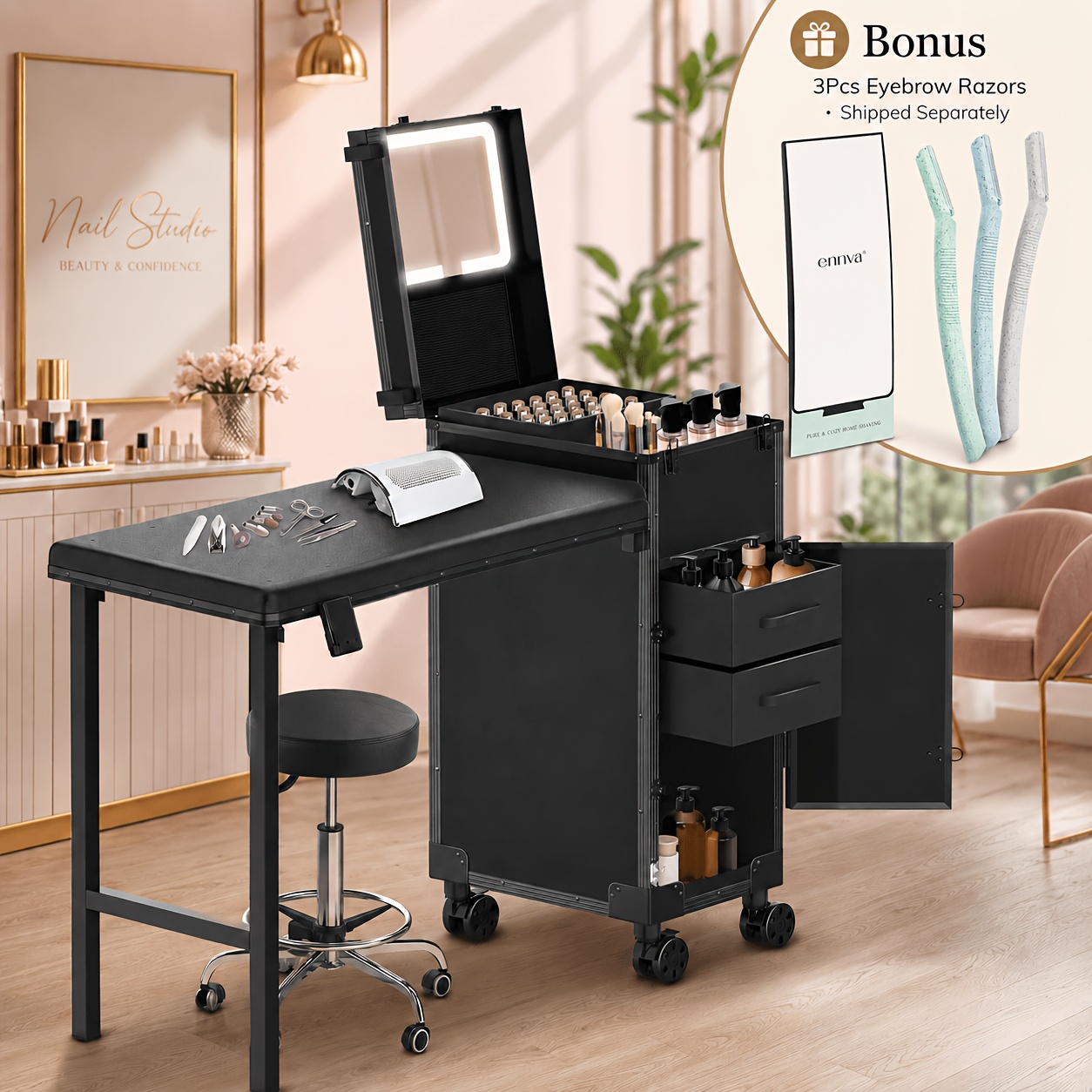 その他 SUITCASE NAIL DESK rolling portable manicure table drawers mirror nail polish - Temu