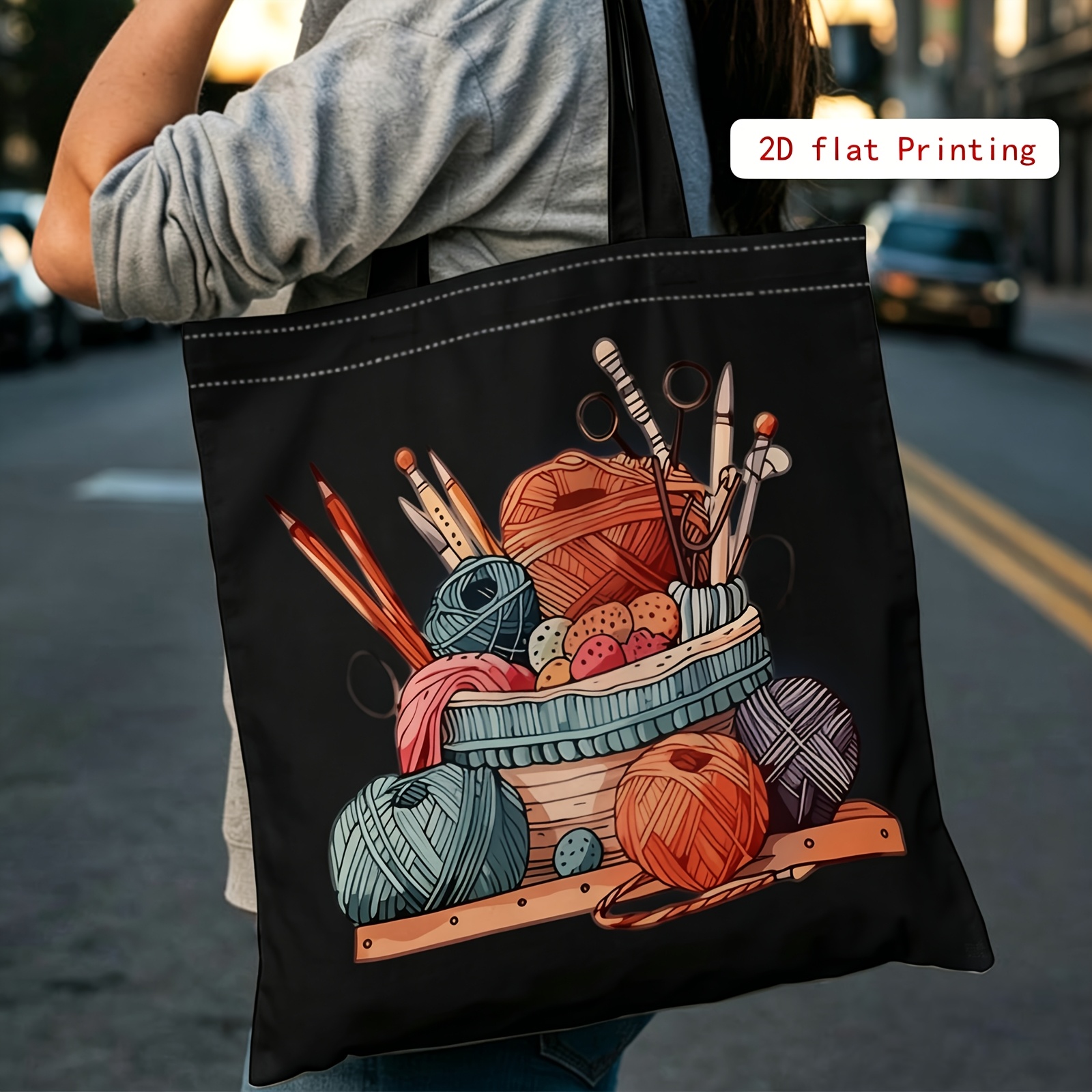 TEMU Creative Handicrafts, Colorful Yarn Storage, Large-capacity Shoulder Bag, Printed Handbag And Fashionable Women's Tote Bag, Suitable For