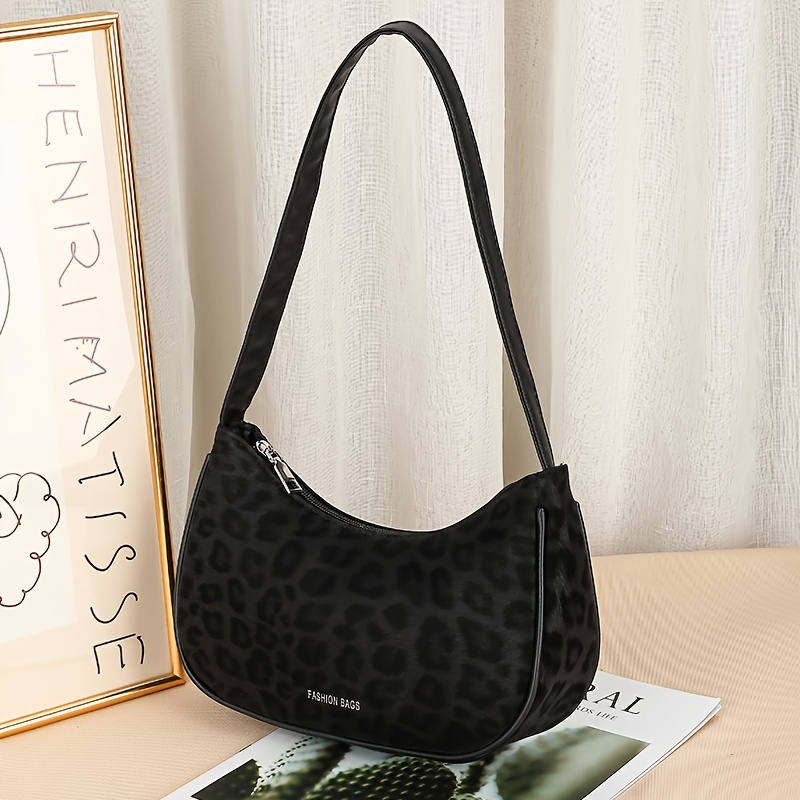 Image of Fashionable Trendy Leopard Print Crescent-shaped Women's Shoulder Bag - Faux Leather Crossbody Bag, Zipper Closure, Durable, Essential For Daily