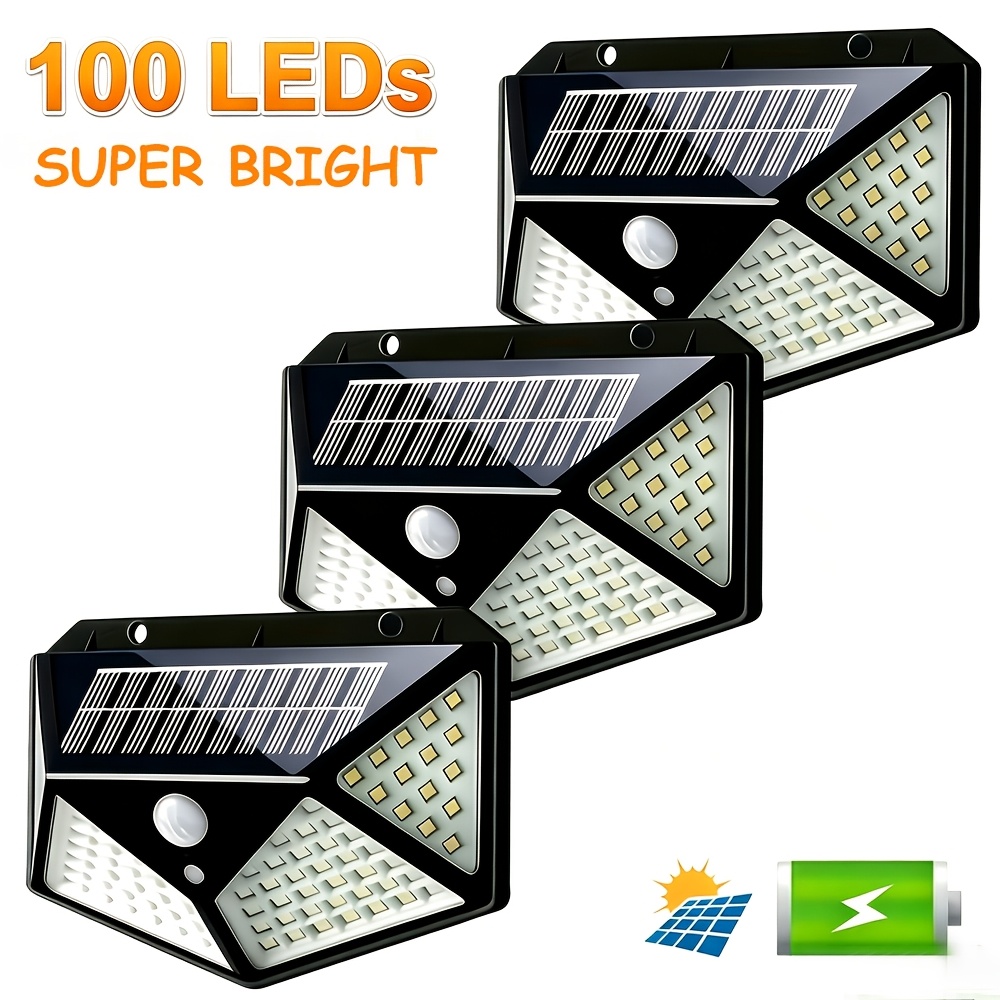 TEMU 3pcs 100 Led Outdoor Solar Wall, Solar Security With Motion Sensor, Automatic Solar Floodlights Suitable For Gardens, Patios, Yards, Garages,