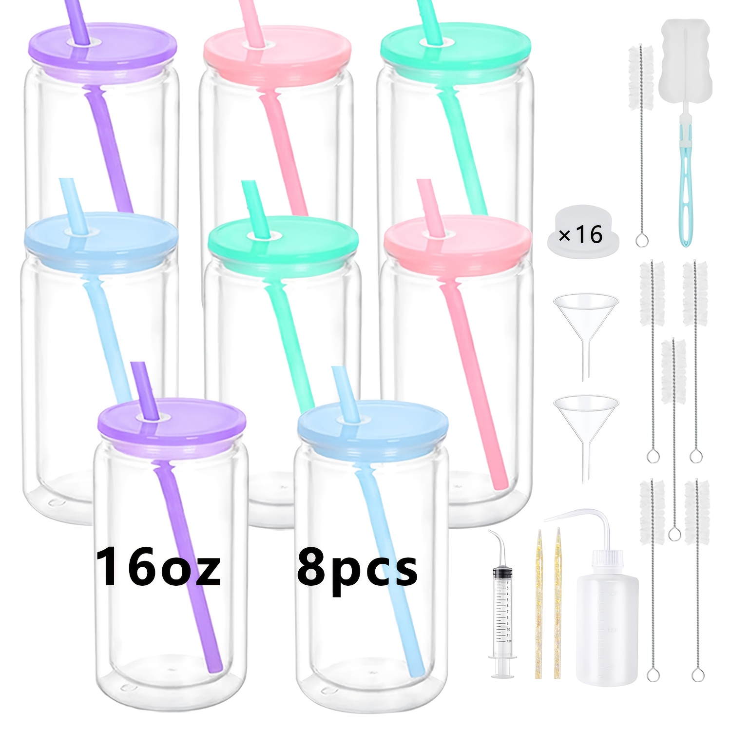 8pcs Set Of Colorful Cups With Lids And Straws, 473ml Double-layer Design, Including Stickers And Cleaning Brush - Suitable For Cold Drinks, Parties And Picnics - German Warehouse Location