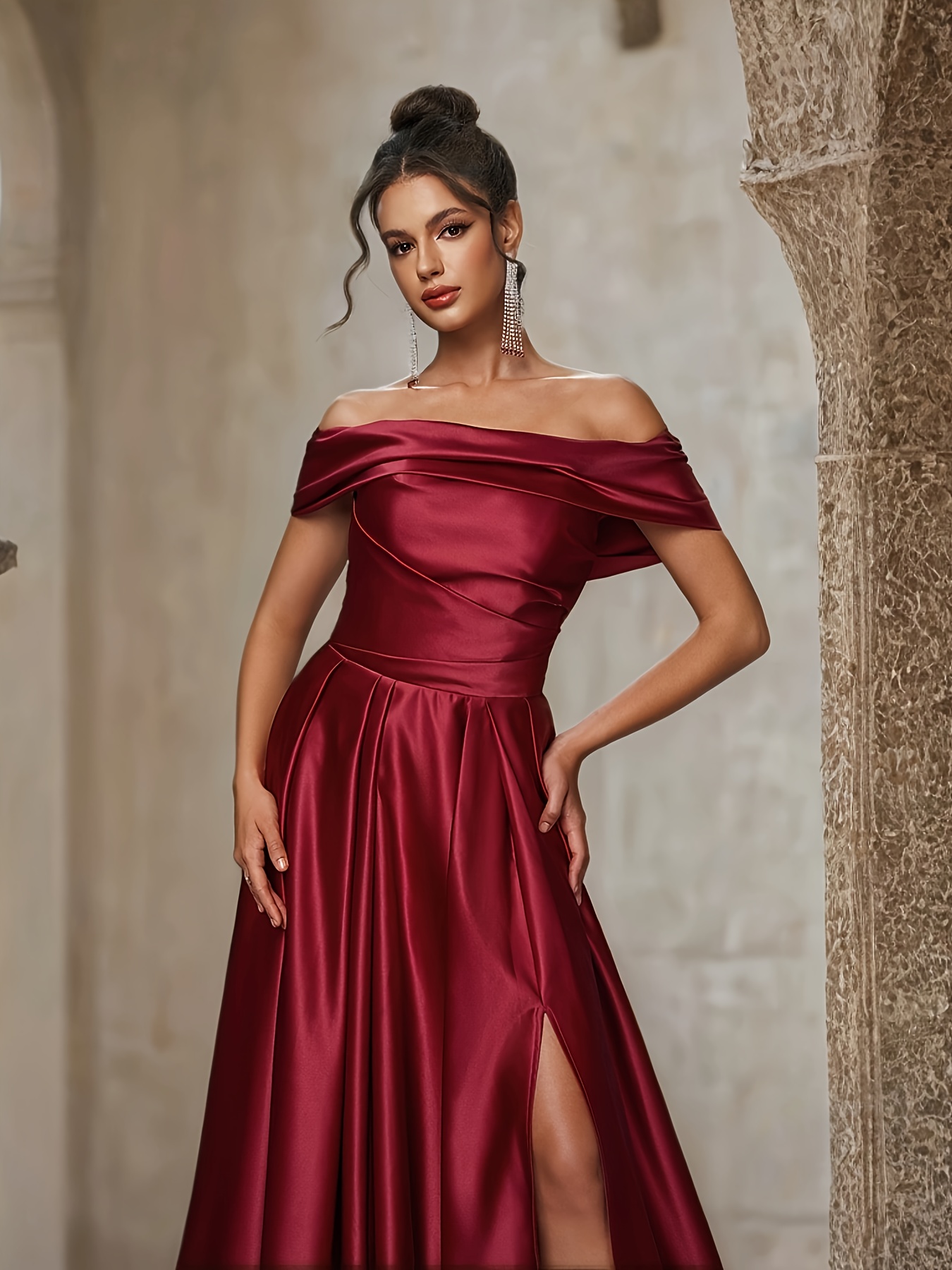 open lace back dress Burgundy Tulle Long A-Line Prom Dresses, Off The Shoulder Evening Dresses US 14 / Dark Blue main image 1