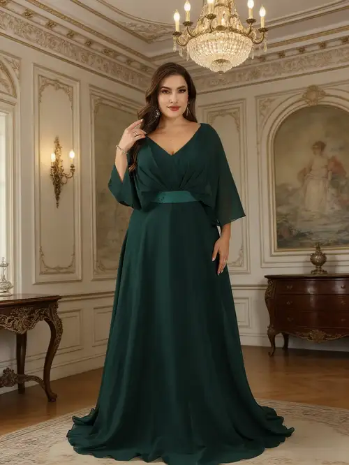 Plus Size * Plus Size Women's Dark Green Chiffon Batwing Sleeve Gown with Deep V-Neck and Jacquard Waist *. Loose-fitting and, Suitable for Formal Occasions Such as Weddings, Dinners, Parties, ... Plus Size * Plus Size Women's Dark Green Chiffon Batwing Sleeve Gown with Deep V-Neck and Jacquard Waist *. Loose-fitting and, Suitable for Formal Occasions Such as Weddings, Dinners, Parties, ...