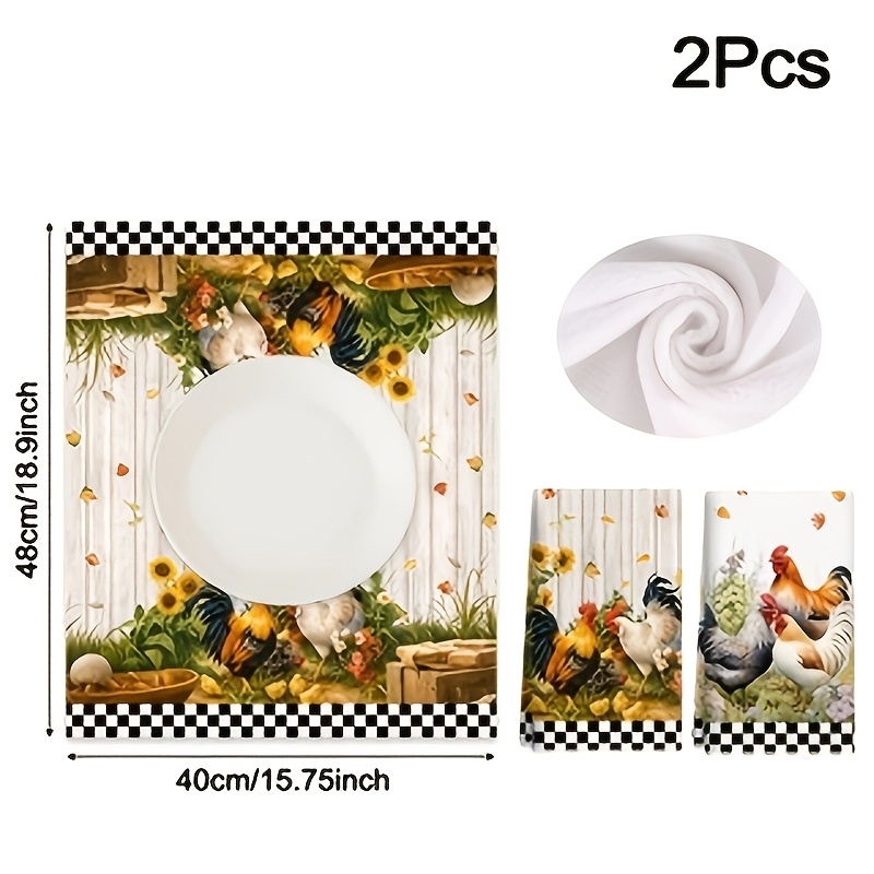TEMU 2pcs, Farmhouse Style Chicken Dish Cloth, Vintage Farm Animal Sunflower Design Cleaning Cloth, Soft Absorbent, Rustic Farm Dishcloths Kitchen