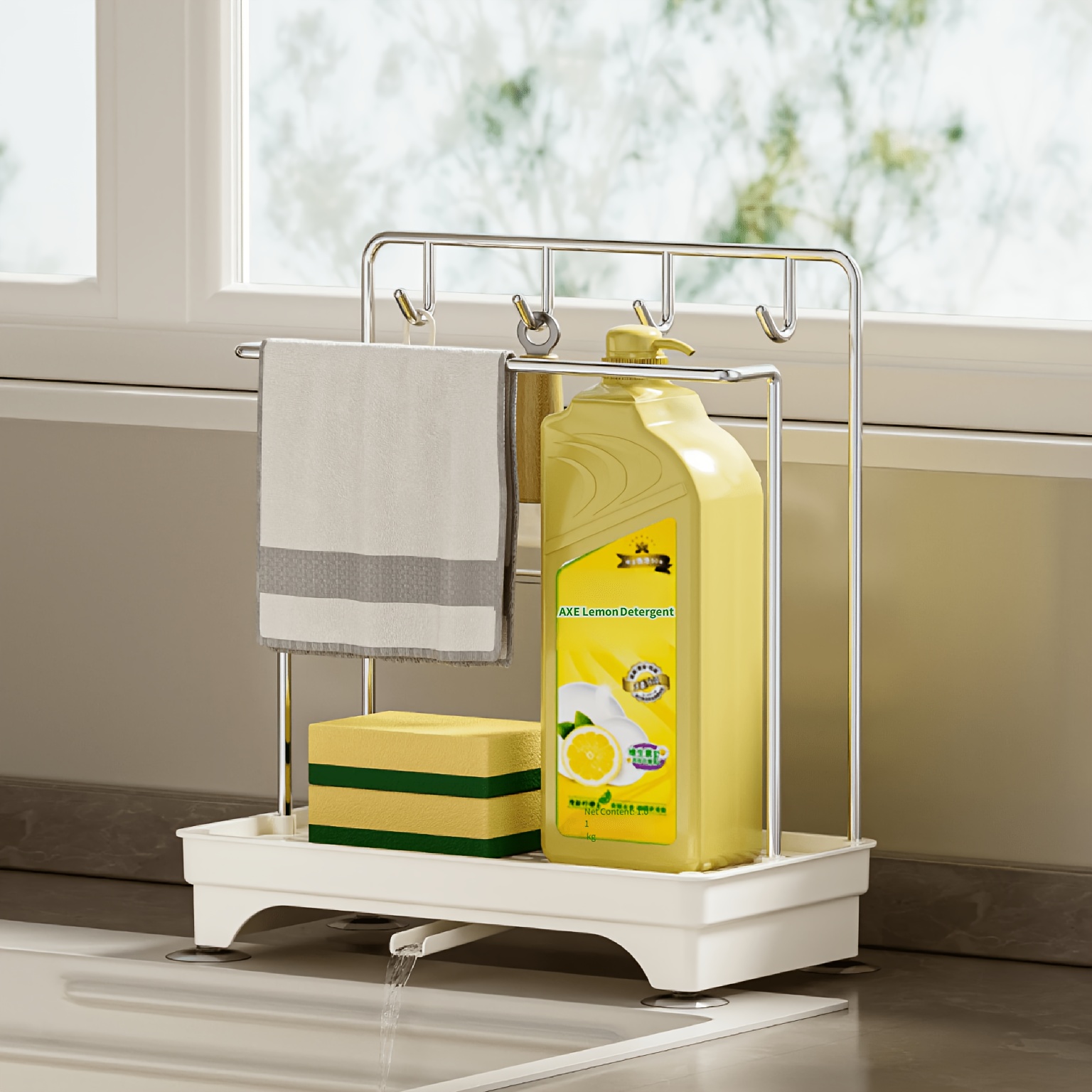 TEMU 1pc Dish Drying Rack For Kitchen Counter Stainless Steel Space Saving Self Draining Sponge Towel Holder With 4 Hooks