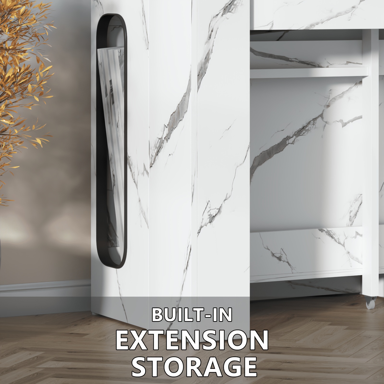 Extendable Dining Room Table with Charging Station & LED Lights, White Faux Marble Table, 19.7