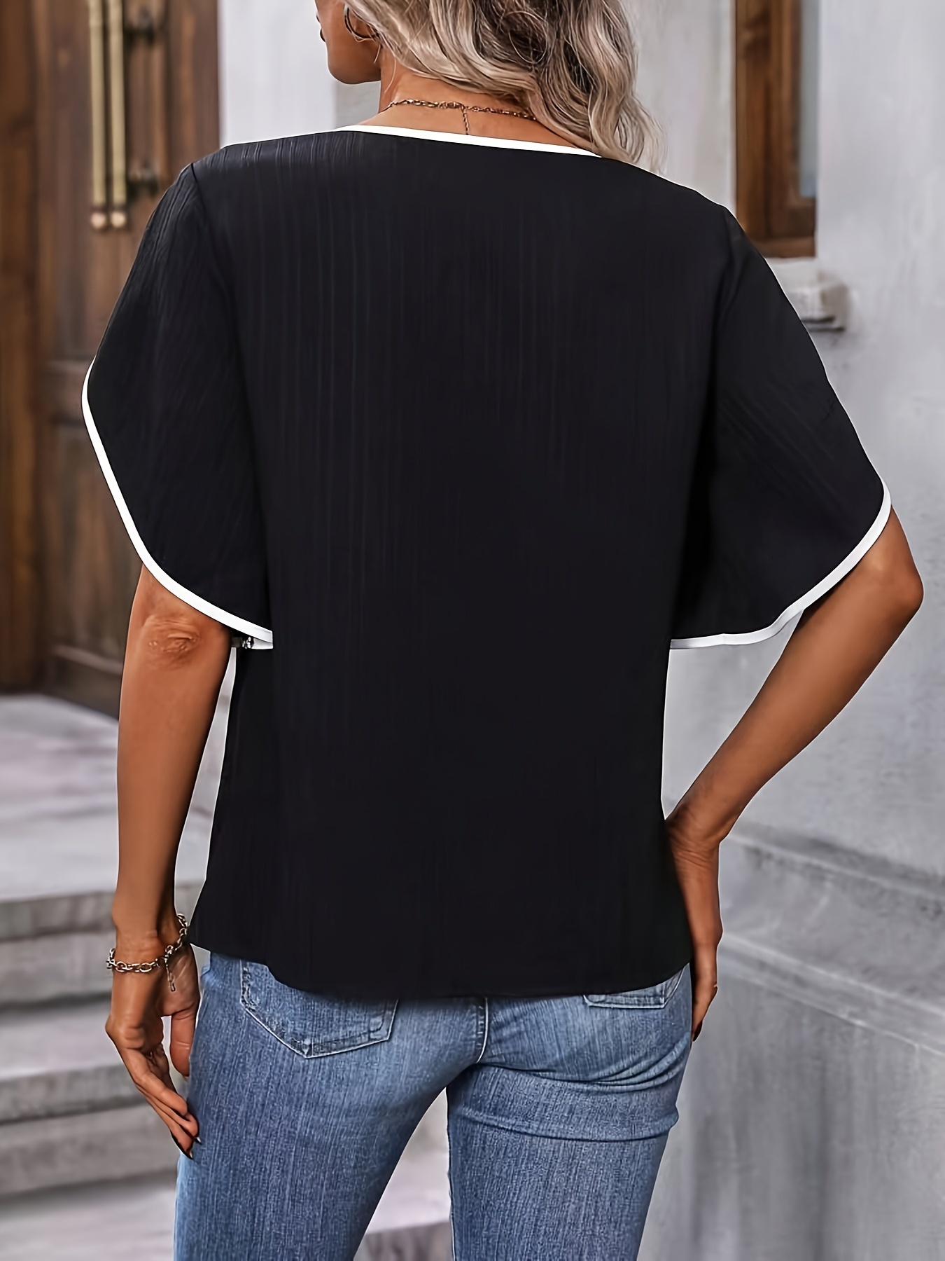 contrast trim v neck blouse elegant petal sleeve top spring contrast trim v neck blouse elegant petal sleeve top spring