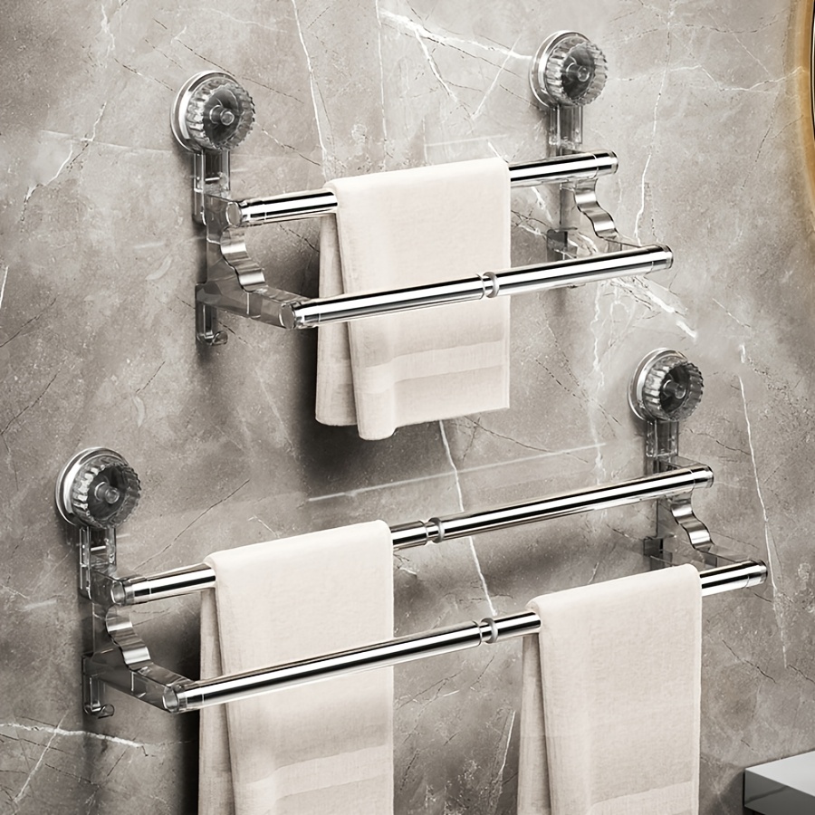 

1pc -finished Stainless Steel Dual Rod Towel Rack With Suction Cup - Space-saving, Easy No-drill Wall Mount, Retractable Design For Home & Bathroom Decor, Storage, Hanging Rod