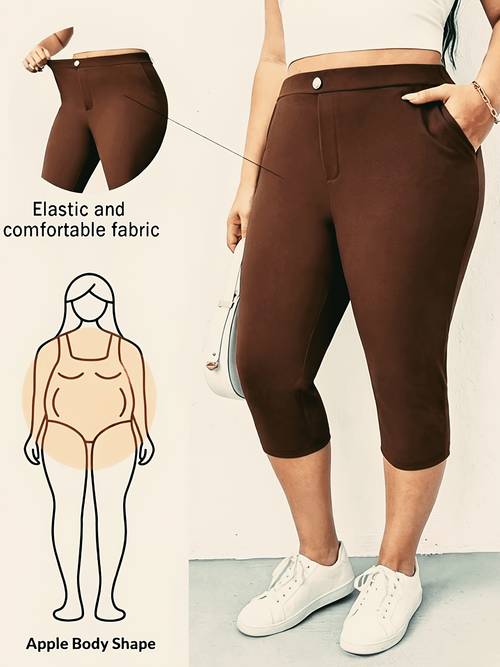 plus size womens spring and summer fashion casual elastic comfortable style multi functional fit elastic waist solid color capri pants leggings curve pants summer clothing work pants minimalist style