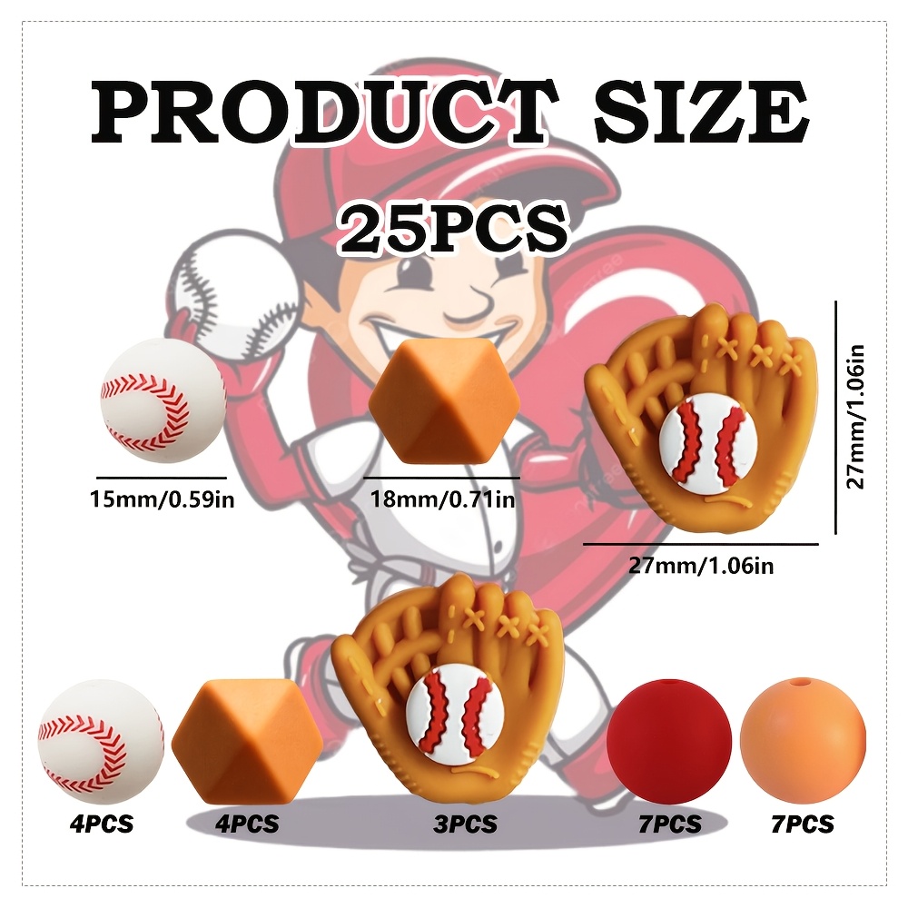 TEMU 25pcs Silicone Beads With Hand Gesture Baseball Design, Printed Round Silicone Beads, Suitable For Jewelry Decoration, Earrings, Necklaces, Bag