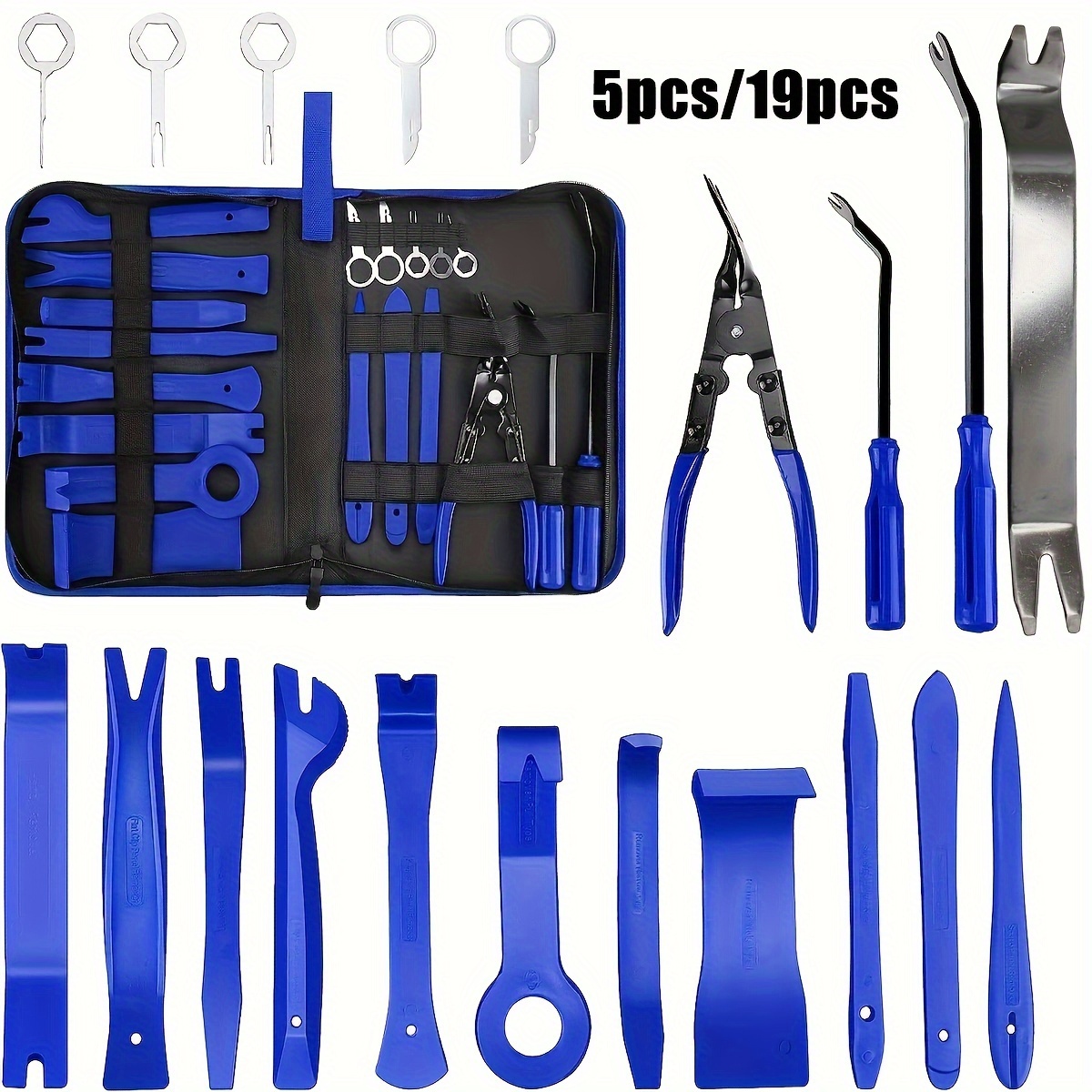 

Ensemble d'outils de dépose de garniture 5pièces/19pièces & pince à clips, extracteur de tissu, ensemble de dépose de panneau de voiture en nylon avec sac de rangement portable