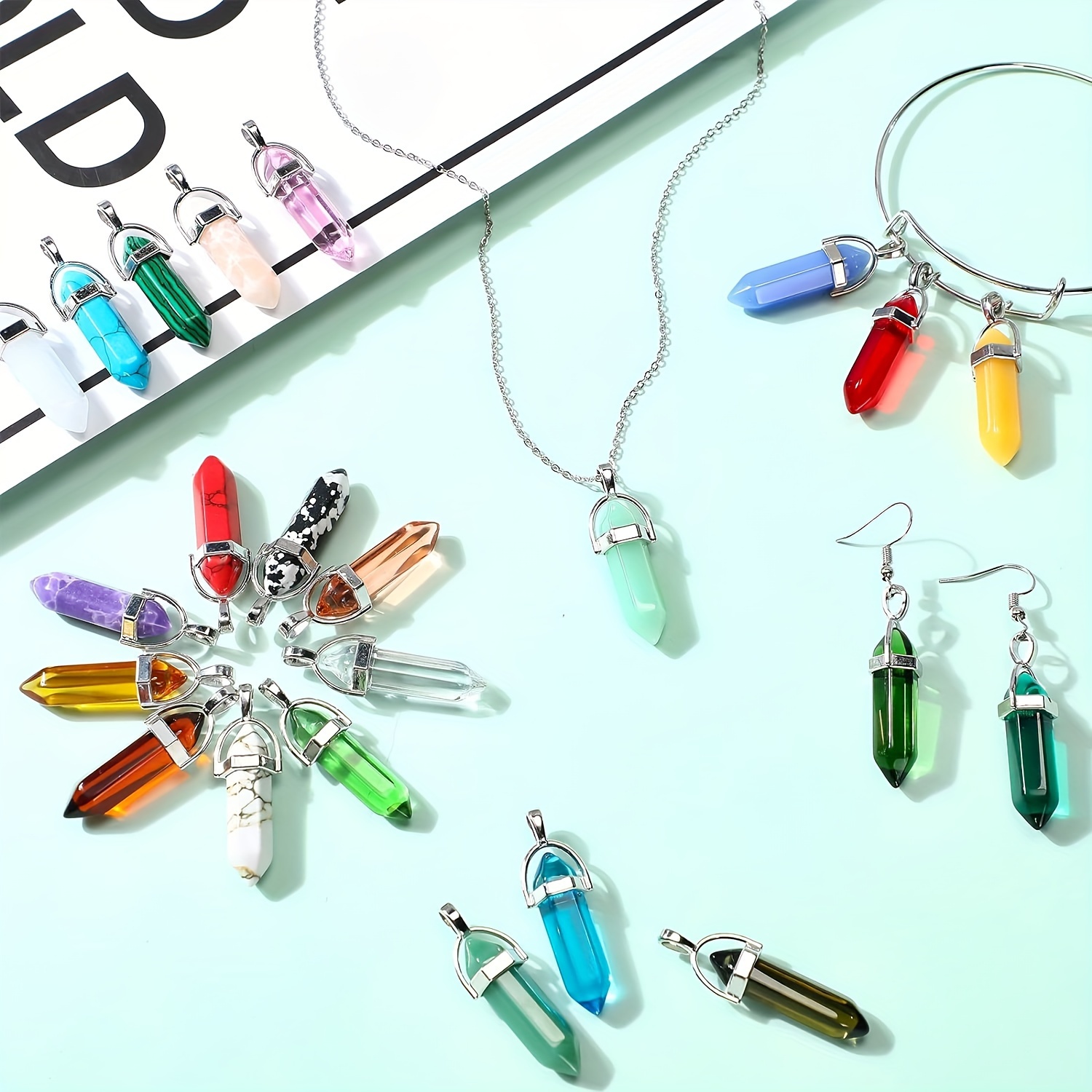 50pcs hexagonal pendant bullet crystal pendant gemstone pointed quartz stone pendants with storage bag 50 colors details 2