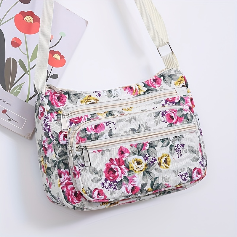E-shop Damenschultertasche mit klassischem Blumenmuster, großes Fassungsvermögen, lebendige Farben versteckten Taschenfächern, Alltags-Einkaufstasche,