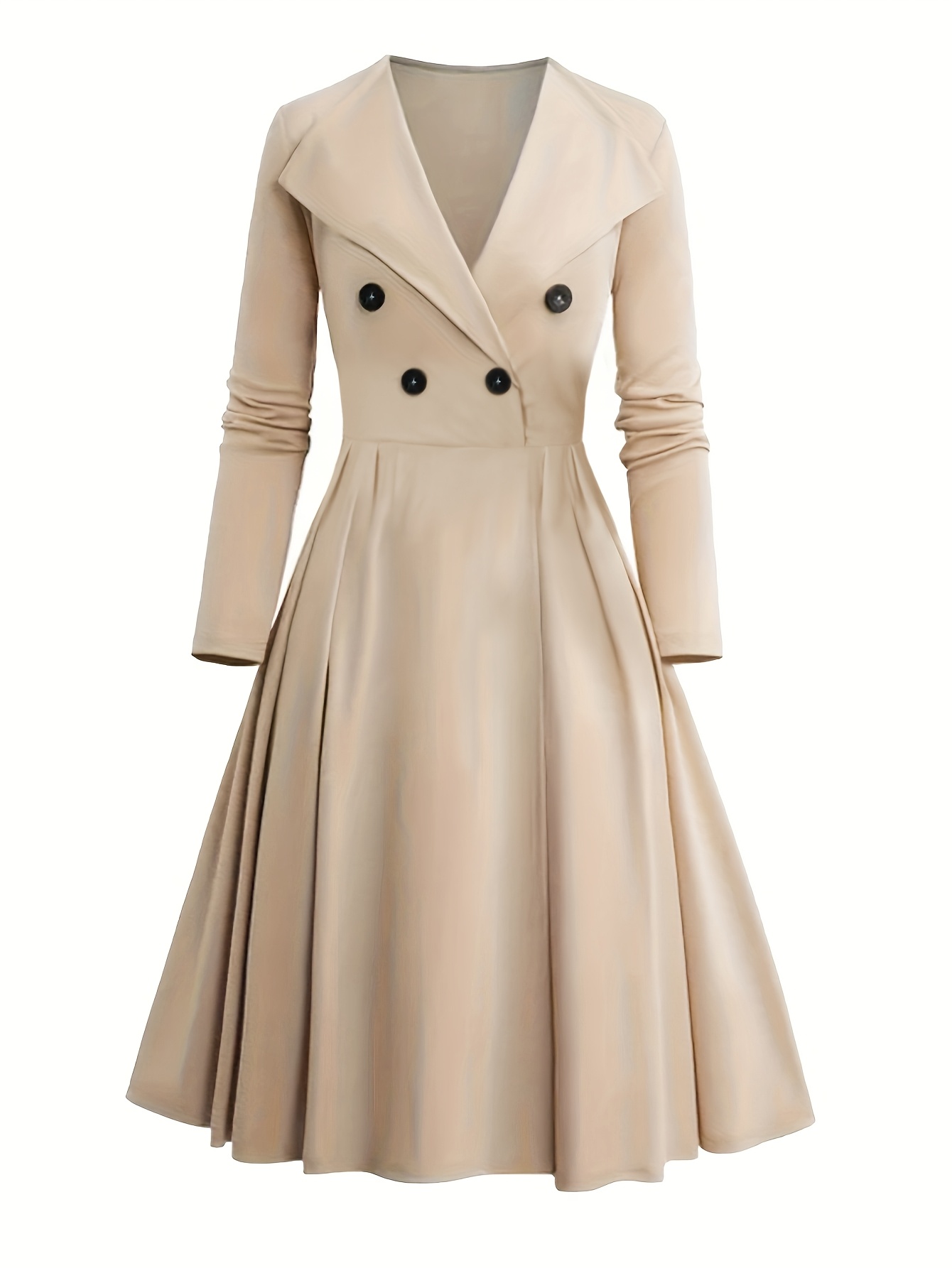 שמלה אלגנטית בגזרת א חגורה בצבע בז לא' עם צווארון ושרובים, עורקי, עורקי, עורקי -, עורי מושלם אופנת נשים בוגרות, לבוש קז'ואל|שמלה עם מחשוף V|פרט כפתורים דמויי עור