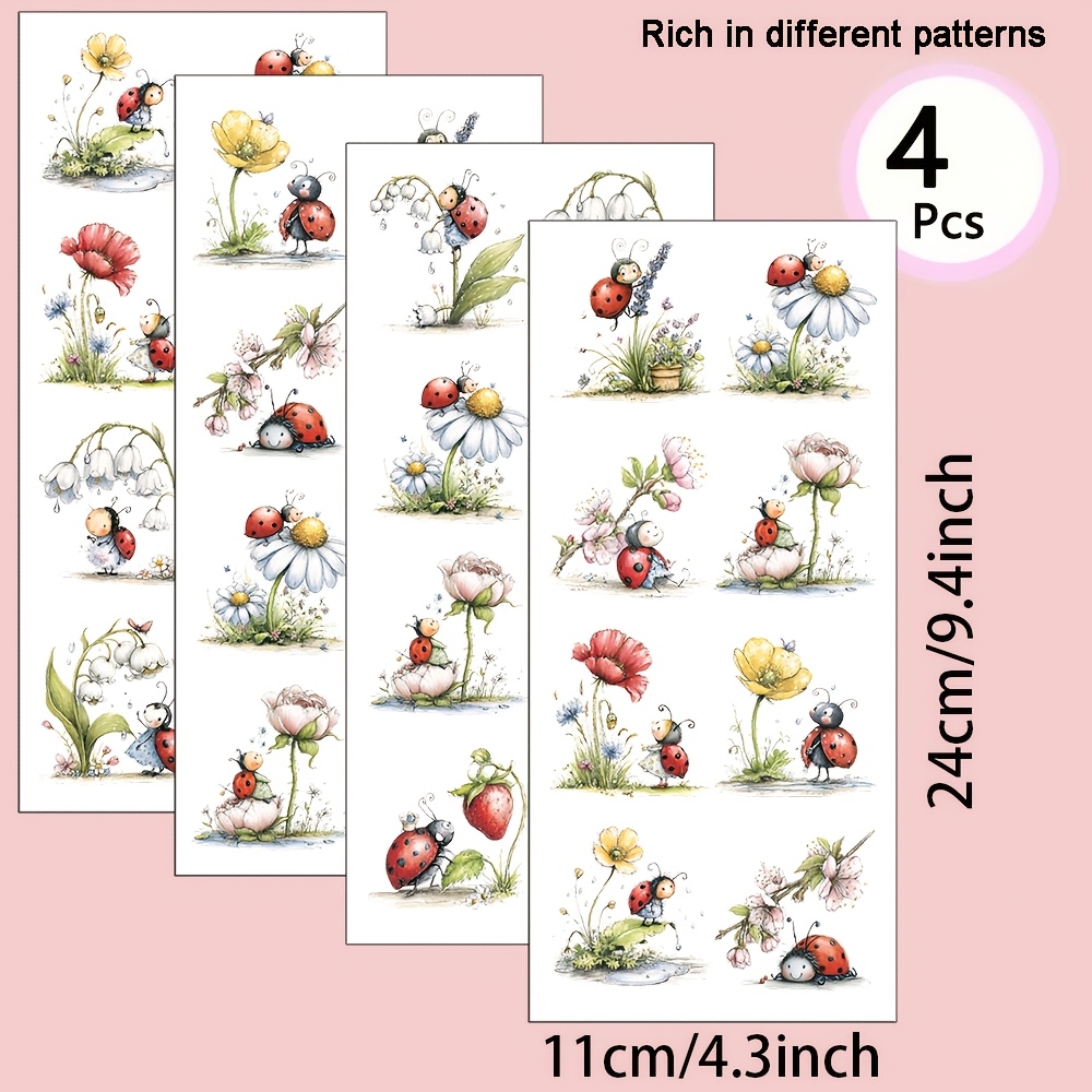 TEMU 4er-Set Aquarell Insekten Blumen Thema Muster UV Transfer - für Basteln, Tassen, Laptops & Wasserflaschen, Selbstklebendes Plastik,