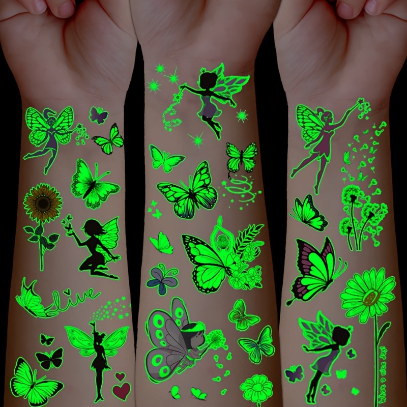 

14 Sheets Glow In The Dark Butterfly Flower Temporary Tattoos - Colorful Body Art Stickers For Birthday Party Favors And Gifts For Music Festival