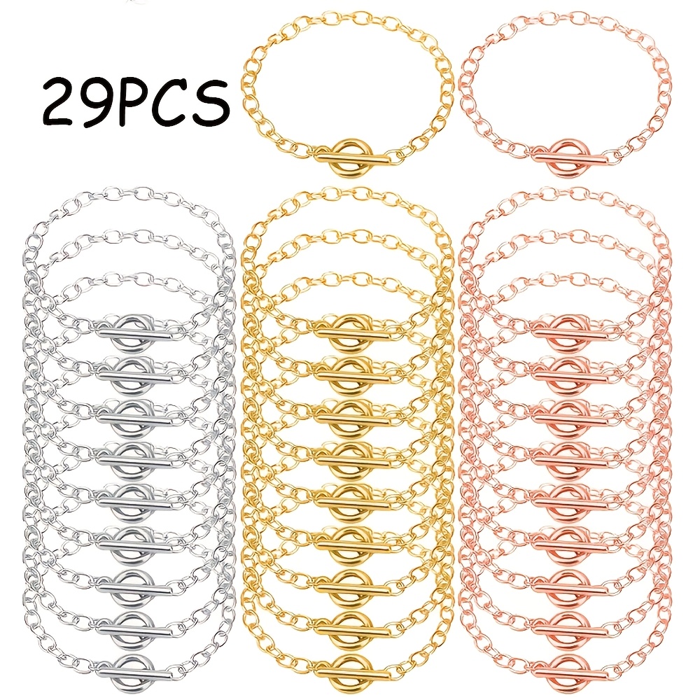 TEMU 29pcs Bracelets Chaîne Ronds en Alliage avec Fermoir à OT - Essentiels de Fabrication de Bijoux - Options de Couleurs Or, Argenté et Rose pour