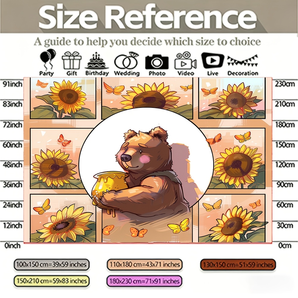 Cute Brown Bear Sunflower Honey Photography Backdrop, 2D Flat