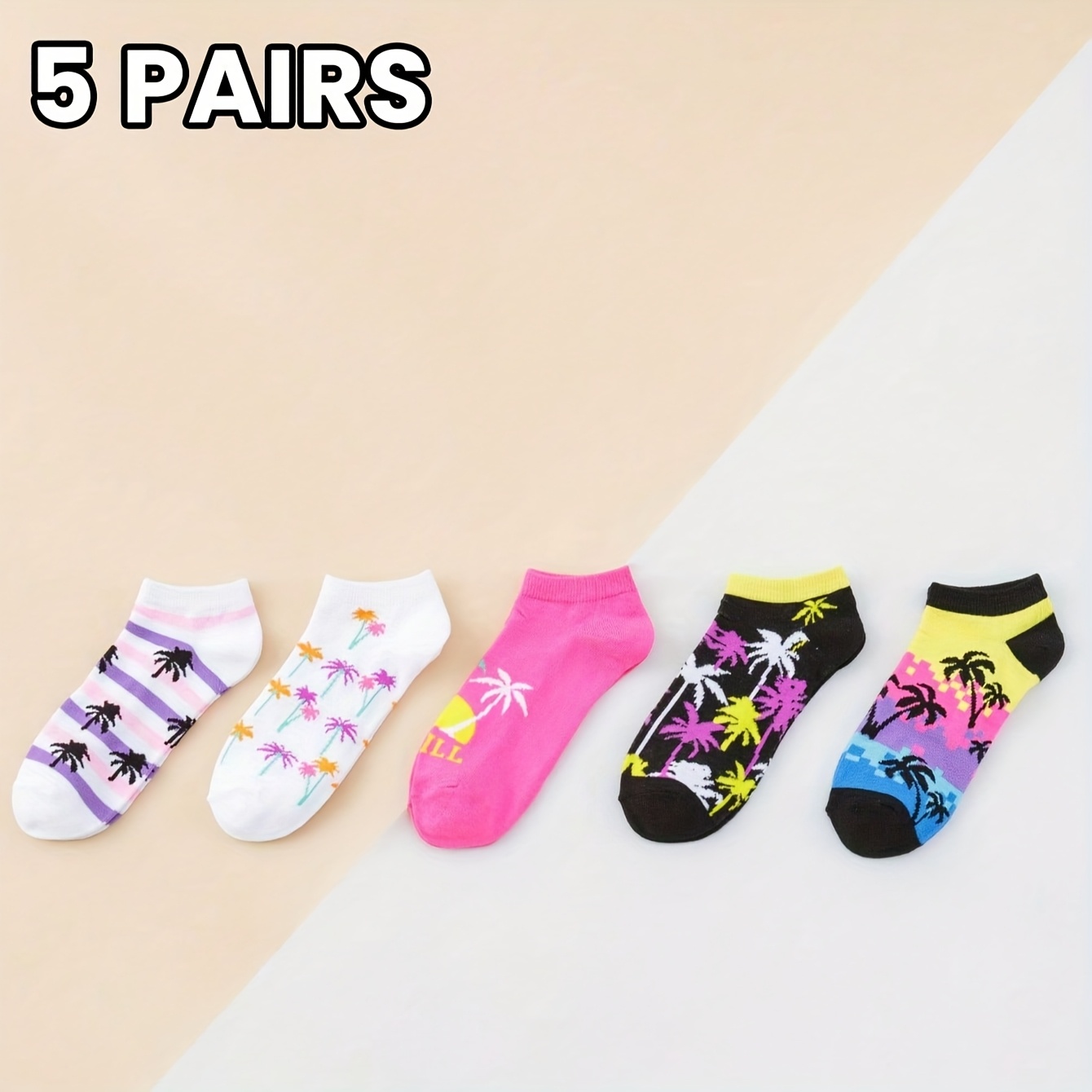 E-shop 5 Paar Damen Socken Tropischer Hawaiianischer Druck Unsichtbar Atmungsaktiv Gym Casual Socken Set für Reisen/Geschenk (Sommer)
