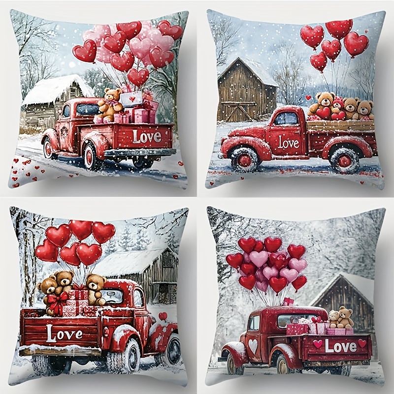 

Set Of 4 Valentine's Day Pillowcases - Love , 17.2" Square, Zippered Polyester Covers For Living Room & Sofa Decor, Machine Washable