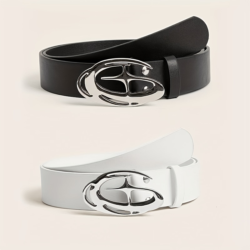 TEMU 2026 New Minimalist Style Black And White 2pcs Belt Set, Unisex Versatile Belt. Features A Unique Oval Openwork Metal Alloy Buckle With Feel,