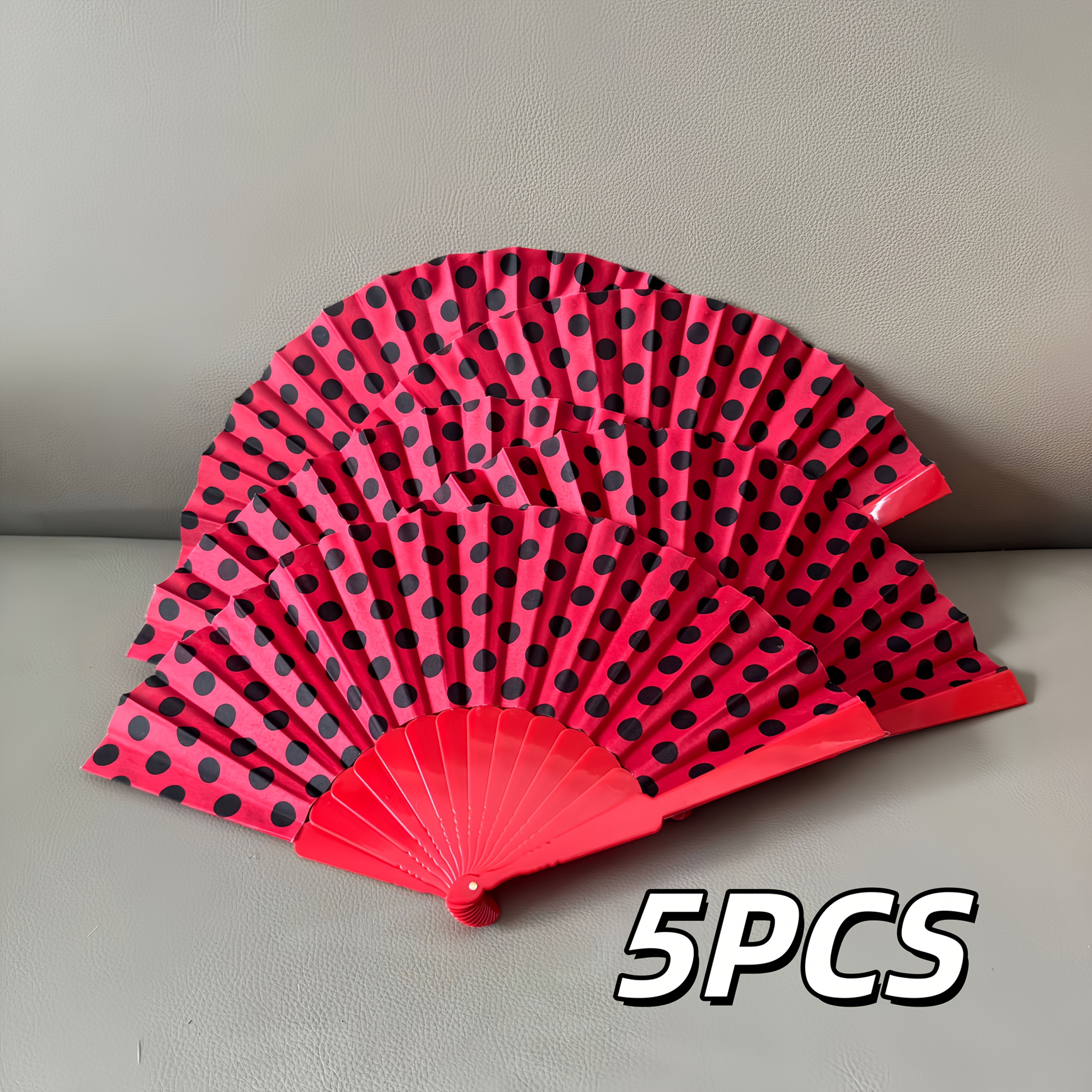 TEMU 3/5pcs Red And Black Polka Dot Folding Fans With Matching Bones, Vintage Fabric Fans, Suitable For Flamenco Dance, Summer Beach Vacation, Retro