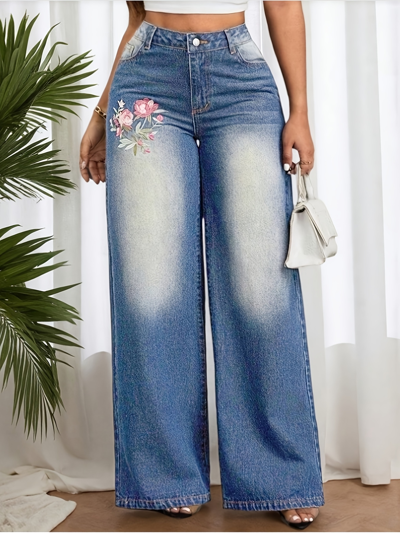 2026 Spring/Summer New Floral Embroidered Stretch Wide-Leg Pants, Loose Fit Wide-Leg Jeans, Embroidered Wide-Leg Women's Washed Denim Pants