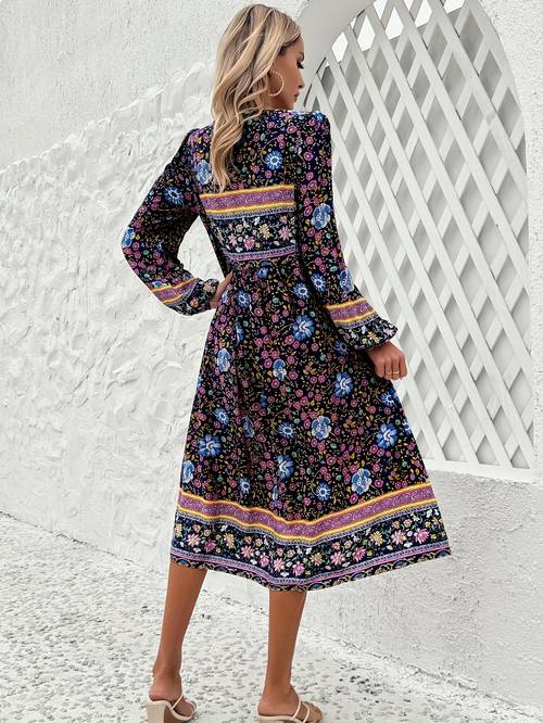 womens casual loose bohemian tassel printed spring and autumn thin long sleeve dresses