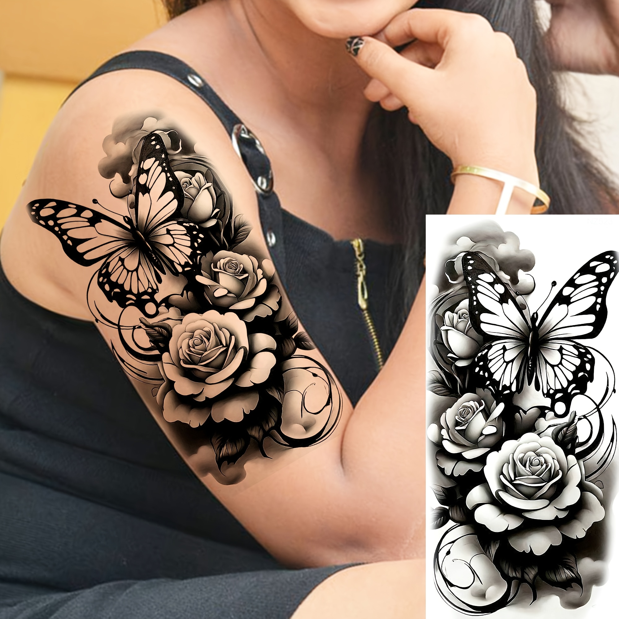 CharmeFleur 20 Tatuajes Temporales De Flores Y Mariposas – Diseños De Enredaderas Realistas En Tinta Negra Para Brazo, Cuello O Cintura